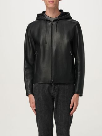 Emporio Armani Mens Hooded Leather Zip Jacket - Black - Size EU 48 (Mens)