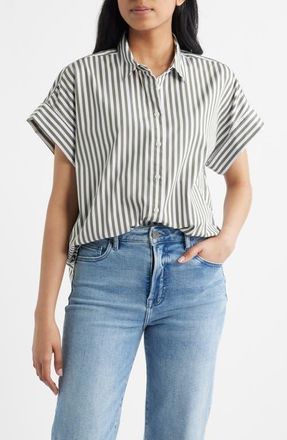 Spanx Oversize Stripe Short Sleeve Button-Up Shirt in Shade Stripe Green at Nordstrom, Size X-Small