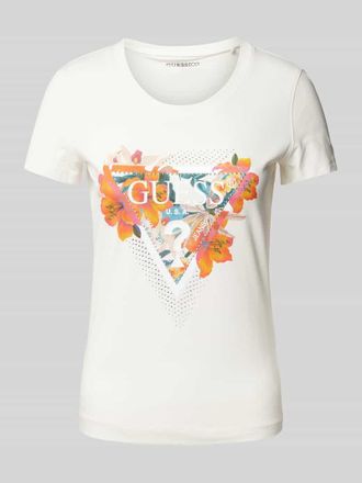 Guess T-Shirt mit Label- und Motiv-Print Modell TROPICAL TRIANGLE in Offwhite, Größe XL