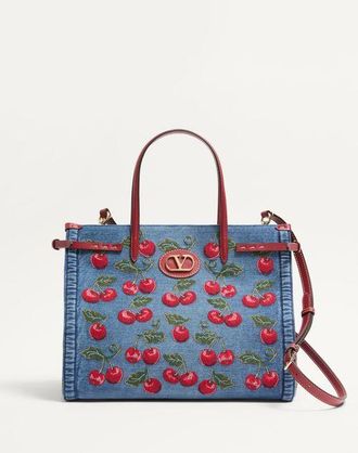 Valentino Garavani Valentino Garavani Antibes Medium Shopping Bag In Denim With Cherryfic Embroidery Wo