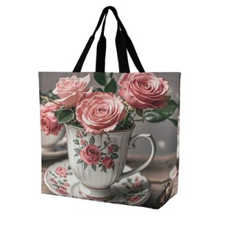 Generic Tea Cups With Roses Romantic Shabby Shoulder Bag Waterproof Shopper Bag Portable Shopping Bags For Travel Ladies Camping