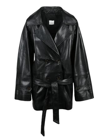 Alysi Black Leather Trench Coat