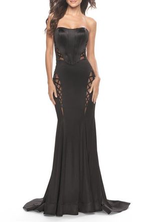 La Femme Liquid Jersey Gown with Mesh Strappy Side Panels in Black at Nordstrom, Size 00