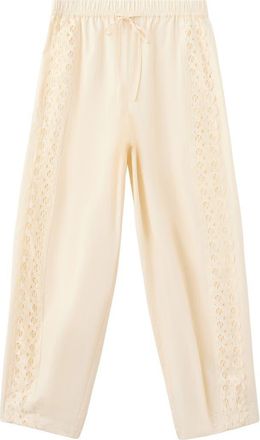 Mango Embroidered Side Stripe Cotton Drawstring Pants in Ecru at Nordstrom, Size Xx-Small