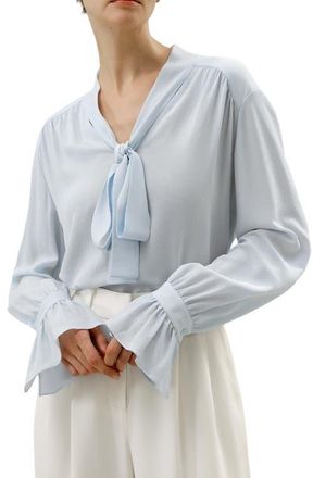 LilySilk Silk V-neck Ribbon Blouse in Illusion Blue at Nordstrom, Size X-Large