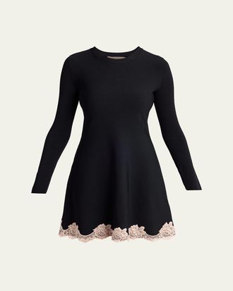 Valentino Garavani Lace-Trim Long-Sleeve Knit Mini Dress