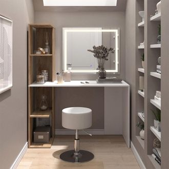 Vicco Tocador Tower, Blanco/sonoma, 122.2 Cm Con Espejo Led Y Taburete