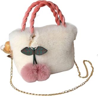 Generic Womens Plush Bags Women Handbags Winter Furry Ladies Soft Plush Clutch Purse Shoulder Bags Female Cherry Pendant Messenger Bag(WHITE)