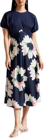 Ted Baker Midi-jurk met bloemenprint, A-lijn en pofmouwen voor dames (Donkerblauw)