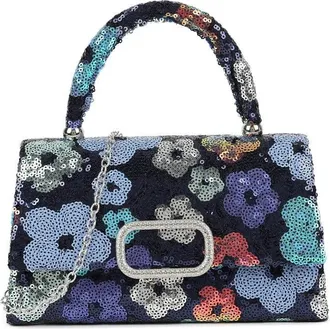 Girly HandBags Womens Floral Beaded Top Handle Bag - Sequin Handbag with Chain Strap for Weddings, Parties, and Formal Events Medium Blue