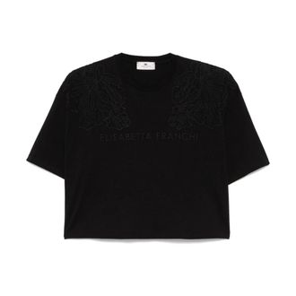 Elisabetta Franchi Tops, Dames, Zwart, L, Katoen, Geborduurd T-shirt