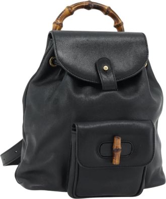 Gucci Vintage Bamboo Leather Black Leather Backpack Bag (Pre-Owned)
