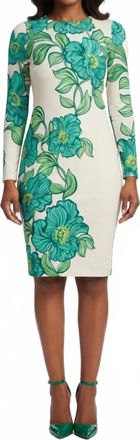 Maggy London Floral Print Long Sleeve Sheath Dress In White Green