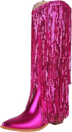 Generic Womens Mid Calf Boots Fashionable Tassel Decoration Pointed Thick Heel Non Slip Slip On Shoes(Red, 6.5)