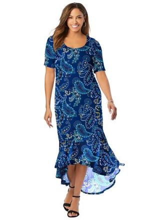 Jessica London Stretch Knit Flounce Hem Maxi Dress in Dark Sapphire Playful Paisley at Nordstrom, Size 20