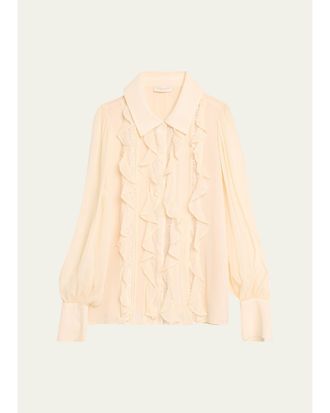 Ramy Brook Claire Ruffle Blouson-Sleeve Silk Blouse