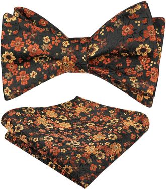Alizeal Mens Self Tied Floral Classic Bow Tie and Pocket Square Colorful Wedding Party Bow Tie and Handkerchief Set, Black+Orange