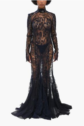 Off-white Long Lace Dress FLOWER WHEEL with Ruffled Hem size 42