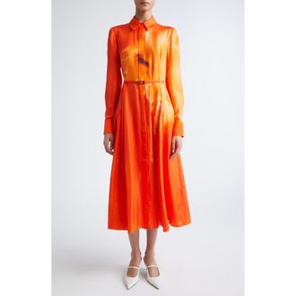 Jason Wu Watercolor Floral Print Pleated Long Sleeve Silk Twill Shirtdress in Papaya Chalk Multi at Nordstrom, Size 12