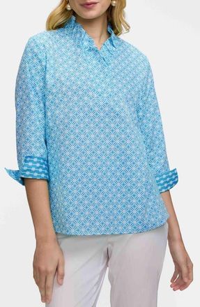 Foxcroft Tammy Geo Lattice Print Ruffle Collar Top in Blue/White at Nordstrom, Size X-Large P