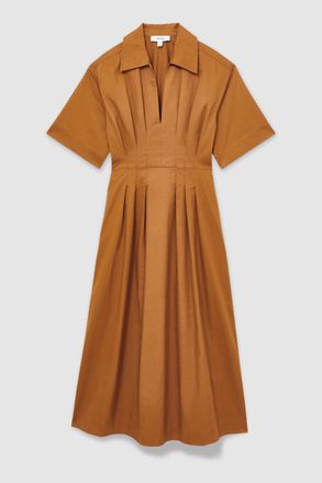 Reiss Womens Brown Cotton Pleated Midi Dress, Size: 4