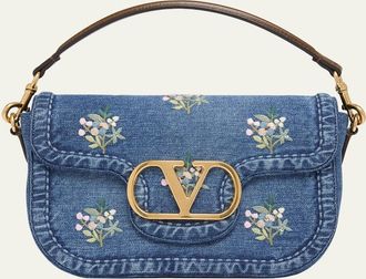 Valentino Garavani Alltime Floral-Embroidered Denim Shoulder Bag