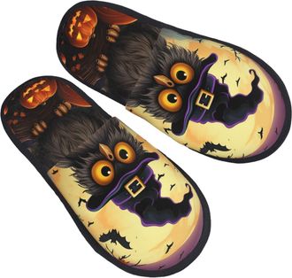 Generic Fuzzy Slippers Halloween Owl Ghost Pumpkin Furry Slippers Reusable House Shoes For Hotel Holiday Bedroom L