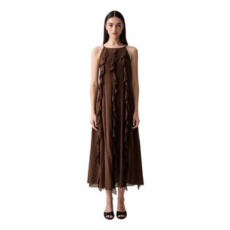 Vicolo Jurk met ruches - Dames - Casual kleedjes - Bruin - S - Katoen - Kleedjes