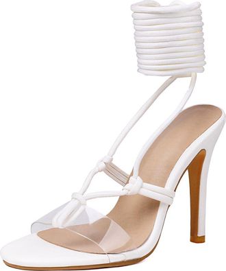 Generic Womens Stiletto High Heel Wedding Pumps Open Toe Slingback Bridal Sandals Lace Up Evening Party Prom Shoes,White,9.5 UK
