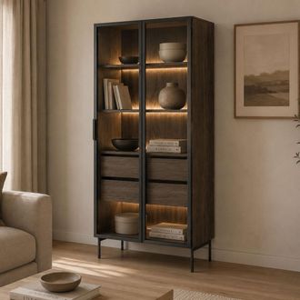 Dmora Vitrina Lafafasa, Mueble Expositor 4 Estantes, 2 Cajones, 2 Puertas, 92x39x195h Cm Marr&oacute;n Nogal