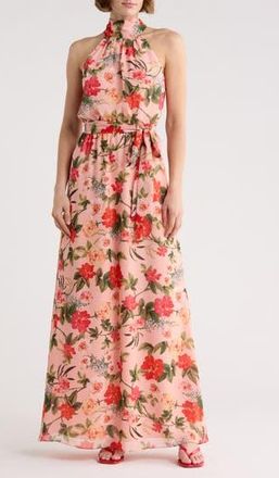 Eliza J Floral Halter Neck Sleeveless Maxi Dress in Blush at Nordstrom Rack, Size 14