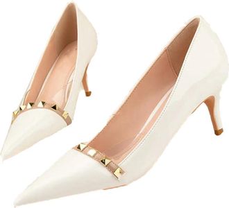Generic Women Patent Leather High Heel Pumps Pointed Toe Rivet Detail Office Dress Shoes White