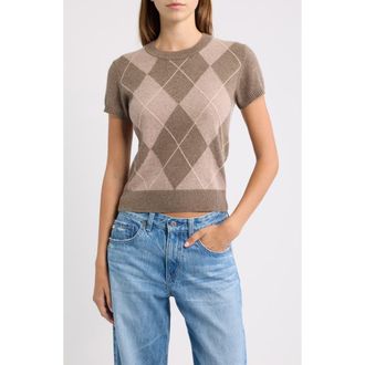 Reformation Darcy Short Sleeve Cashmere Sweater in Oak Argyle at Nordstrom, Size X-Large