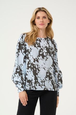 Kaffe KAlouise Long Sleeve Round Neck Blouse in Grey/blue Graphic Cloud at Nordstrom, Size 12