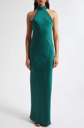Ramy Brook Tatiana Halter Neck Satin Gown in Deep Emerald at Nordstrom, Size 14
