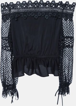 Self Portrait Black Crepe & Lace Off-Shoulder Top
