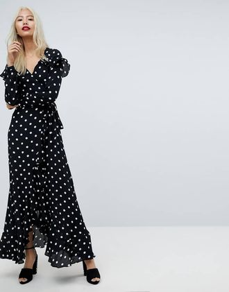 Asos ASOS - Vestito lungo a pois con apertura sulla schiena e volant-Multicolore