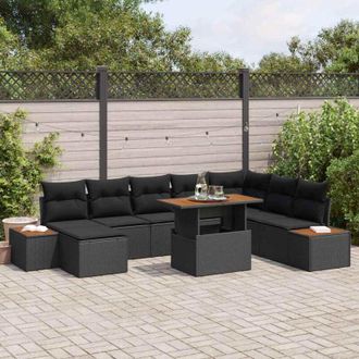 vidaXL Vidaxl - Conjunto De Comedor De Jard&iacute;n Con Coj&iacute;n 9 Pcs Negro, Marr&oacute;n
