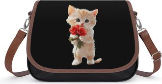 Generic Cute Cat Holding Rose Crossbody Bag Womens Handbag PU Message Bags Shoulder Purse with Adjustable Strap