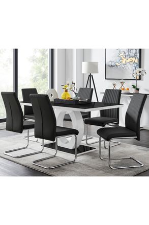 Furniturebox Giovani High Gloss & Glass Dining Table & 6 Lorenzo Chairs Set in Black