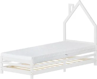 ML Design Ml-design - Cama Infantil Blanca 90 X 200 Cm En Forma De Casa Con Colch&oacute;n 16 Cm, Cuna Individual De Madera De Pino Con Somier De L&aacute;minas Y Dise&ntilde;o De C