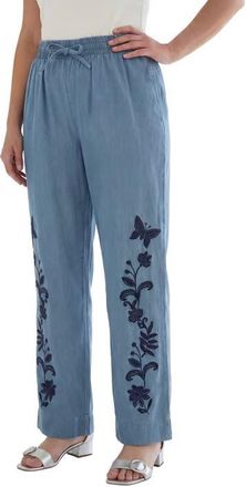 Roaman's Plus Size Embroidered Pull On Wide Leg Chambray Pant in Navy Butterfly Embroidery at Nordstrom, Size 26