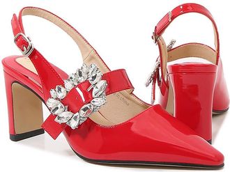 Generic Red,9.5 UK,Womens Slingback Pumps High Chunky Closed Toe Block Heels with Rhinestone Buckle Dress Elegant Party Wedding Shoes