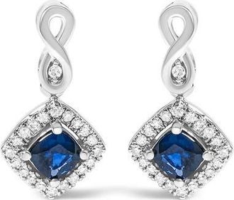 House of Brilliance 10K White Gold Sapphire and Diamond Halo Cushion Shaped Drop Earrings at Nordstrom