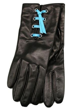 Portolano Eyelet Lace-Up Leather Gloves in Black/Turquoise at Nordstrom Rack, Size 8