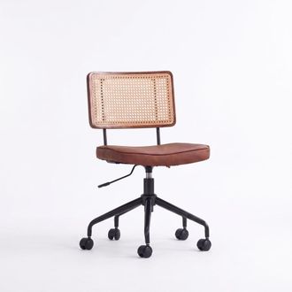 Urban Meuble Silla de oficina vintage de rat&aacute;n y piel sint&eacute;tica marr&oacute;n, giratoria