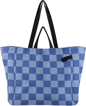 Generic Checkerboard Blue pattern Reusable Canvas Tote Bag, Heavy Duty Grocery Shopping Bag with Hard Bottom Large Capacity Double Handles Work Groceries Trav