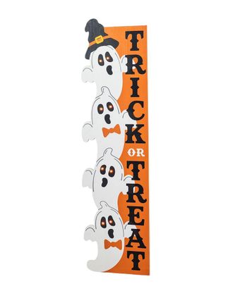Glitzhome Handmade Lighted Halloween Wooden Stacked Ghost With Trick Or Treat Porch Sign & Timer