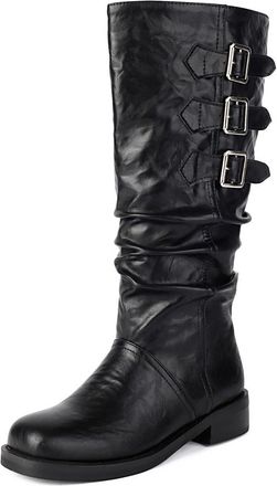 Generic Womens Round Toe Casual Long Boots Low Block Heel Platform Boots with Buckle PU Leather Knee High Boot,Black,6.5 UK