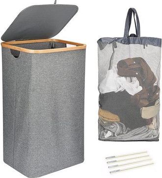 OEM Cesto De Ropa Con Tapa, 1 Paquete De Cestos De Ropa De 100 Litros, Cesto De Ropa Con Bolsa Extra&iacute;ble, Cestos De Ropa Grises Con Asas De Bamb&uacute;